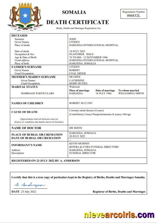 Somalia vital record death certificate